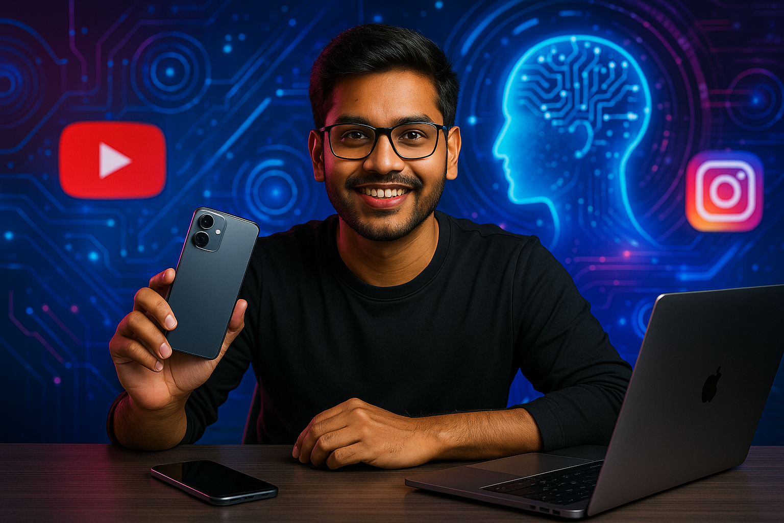 Collage of top Indian tech influencers of 2025, including Gaurav Chaudhary, Tech Burner, Geeky Ranjit, and others, with gadgets and digital devices in the background