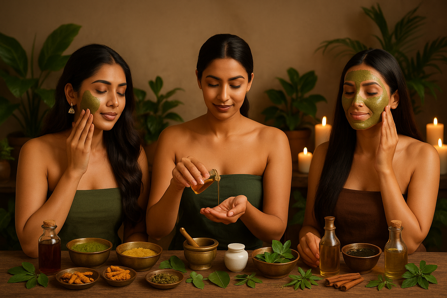 Top Indian Ayurvedic beauty influencers using natural skincare products in a spa-inspired setting.