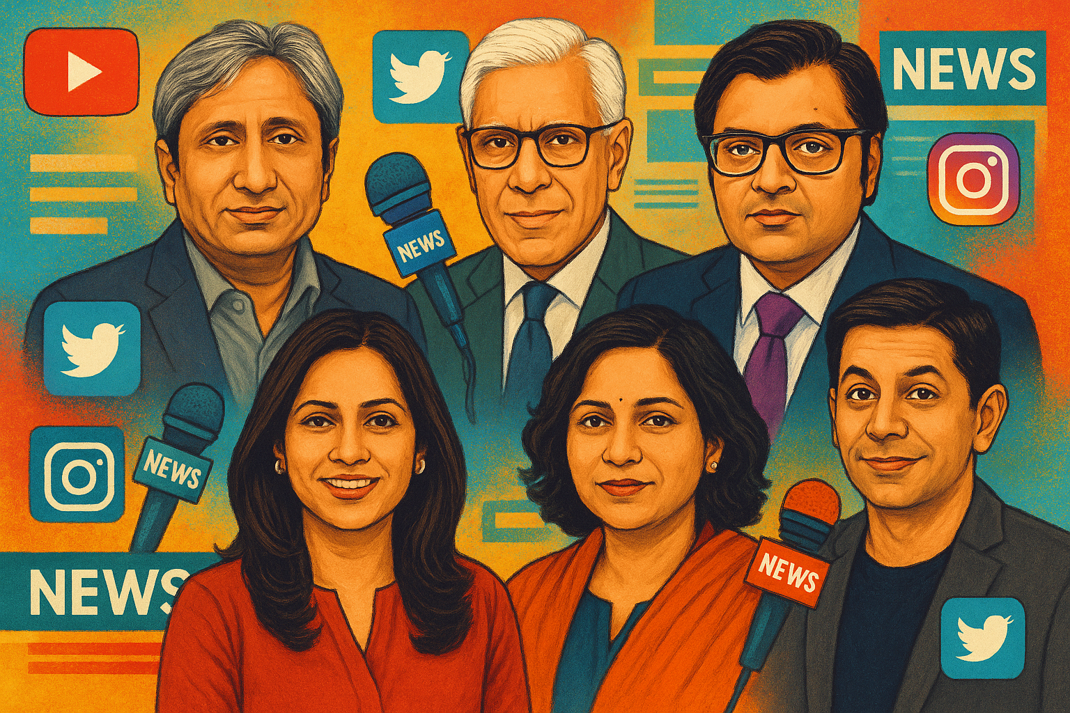 Collage of top journalist influencers in India 2025 with YouTube, Twitter, and Instagram icons