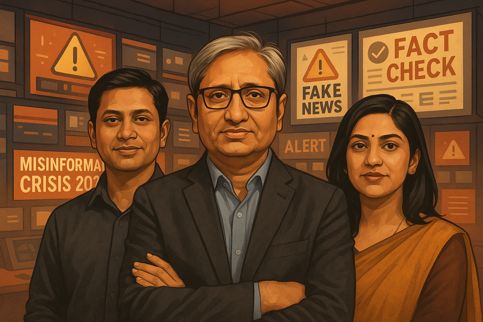 Indian journalist influencers fighting fake news in 2025 with news headlines and fact-check visuals in the background.