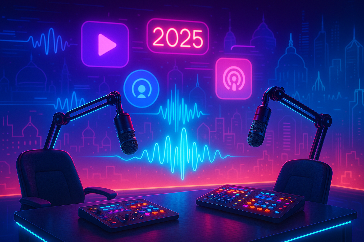 Futuristic Indian podcast studio with neon lights, holographic sound waves, and advanced audio gear, symbolizing the rise of podcast influencers in 2025.