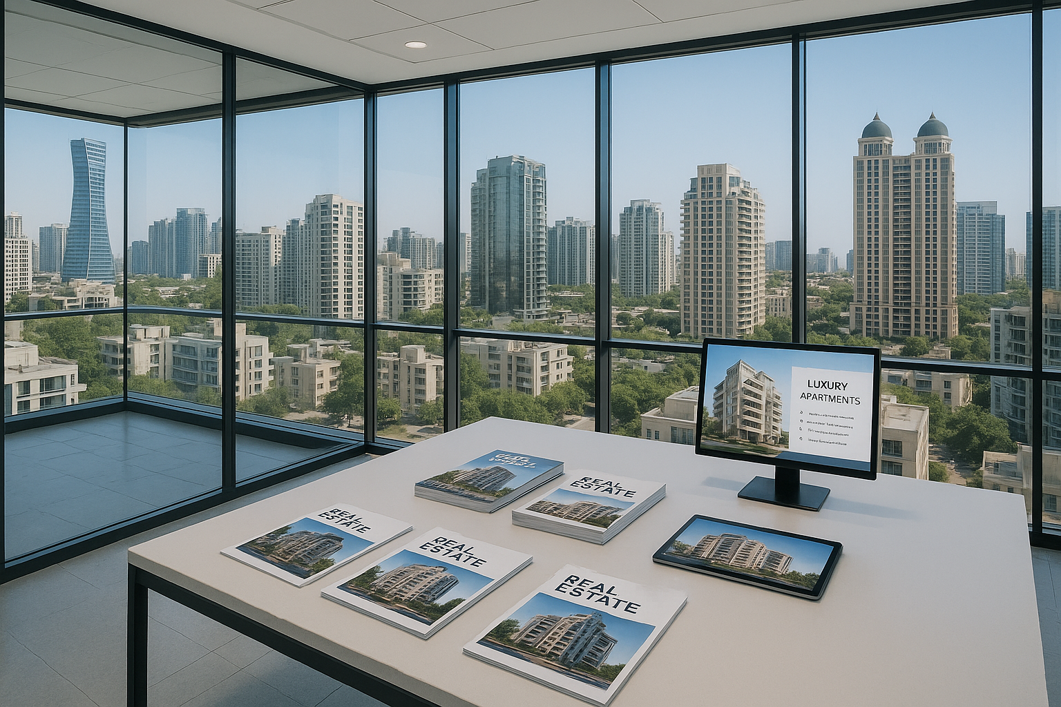 Modern real estate office with Gurgaon skyline and luxury property brochures on display
