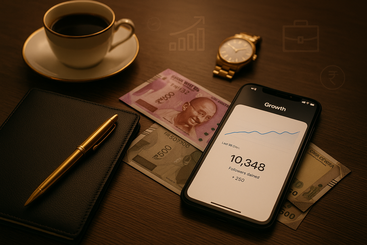 Luxury desk setup with Indian currency, Instagram analytics, and finance icons representing India’s top business and money influencers.