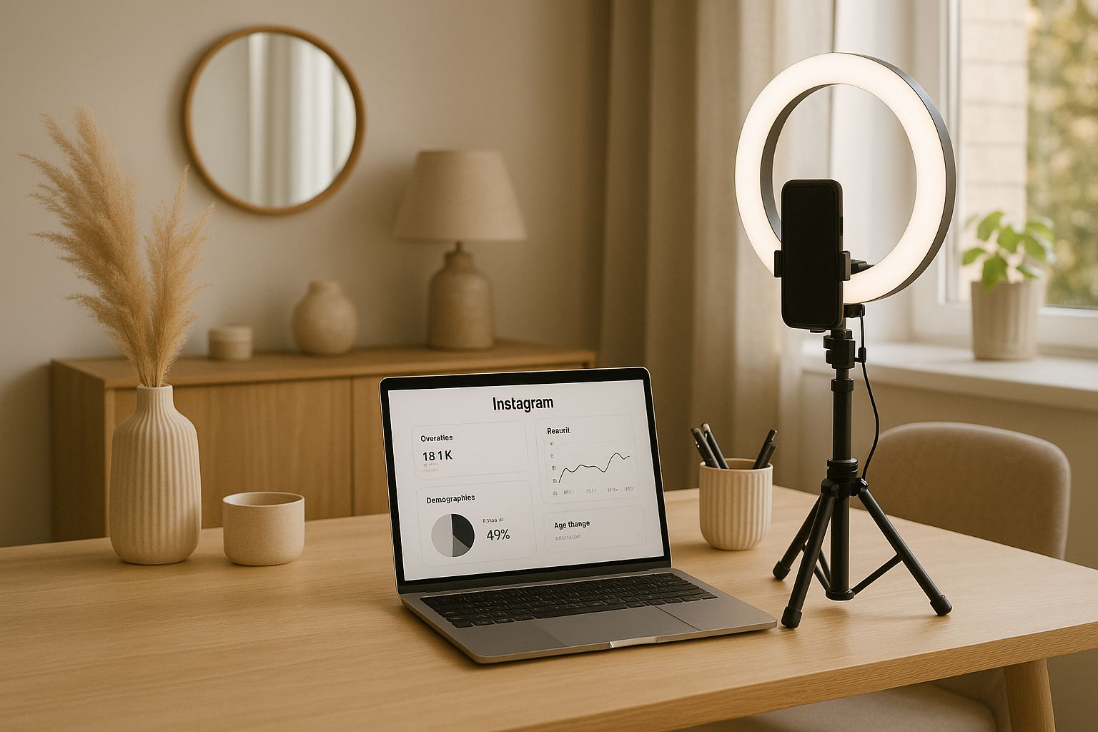 Modern influencer workspace showing tools used by content creators in India 2025, including camera gear and social media analytics.
