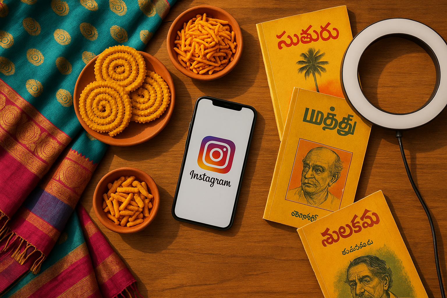 Flat lay of Indian cultural elements and digital tools symbolizing the rise of regional content creators in India.