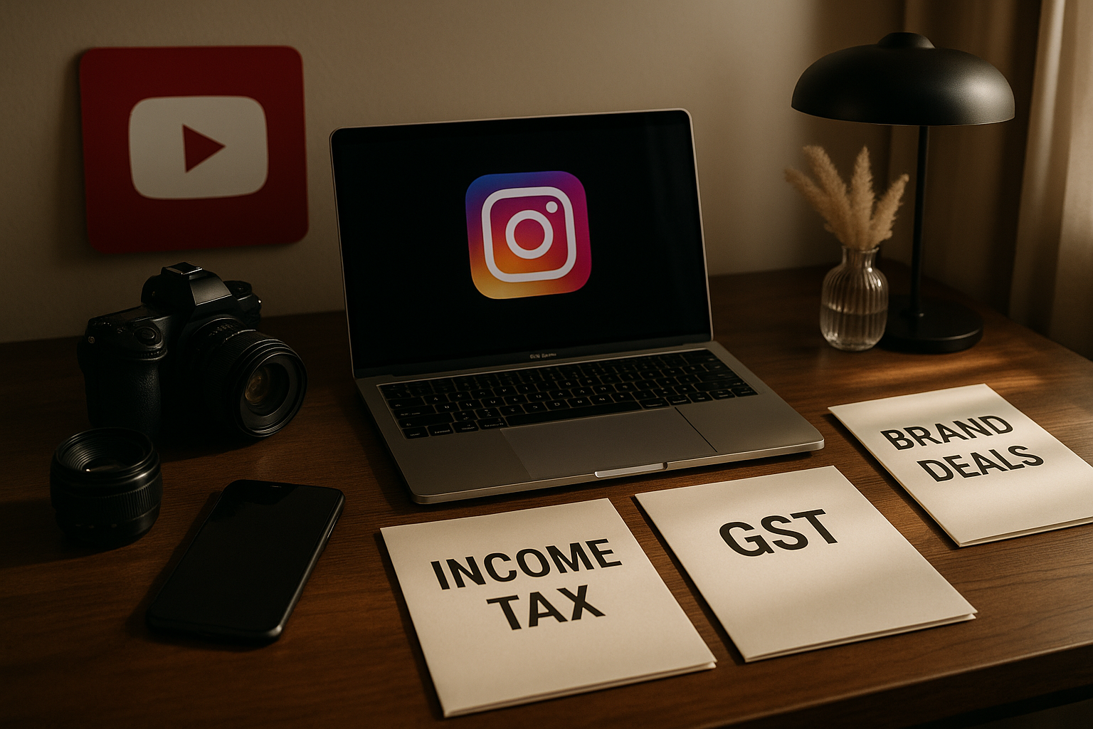 Luxury desk with tax documents, camera gear, and social media icons representing influencer tax filing in India.
