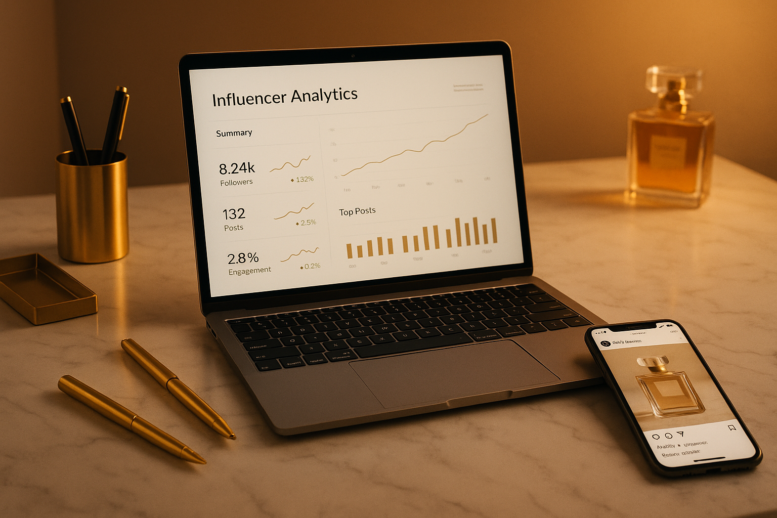 Luxurious influencer workspace with marble desk, Instagram insights, and golden décor representing premium digital impact.