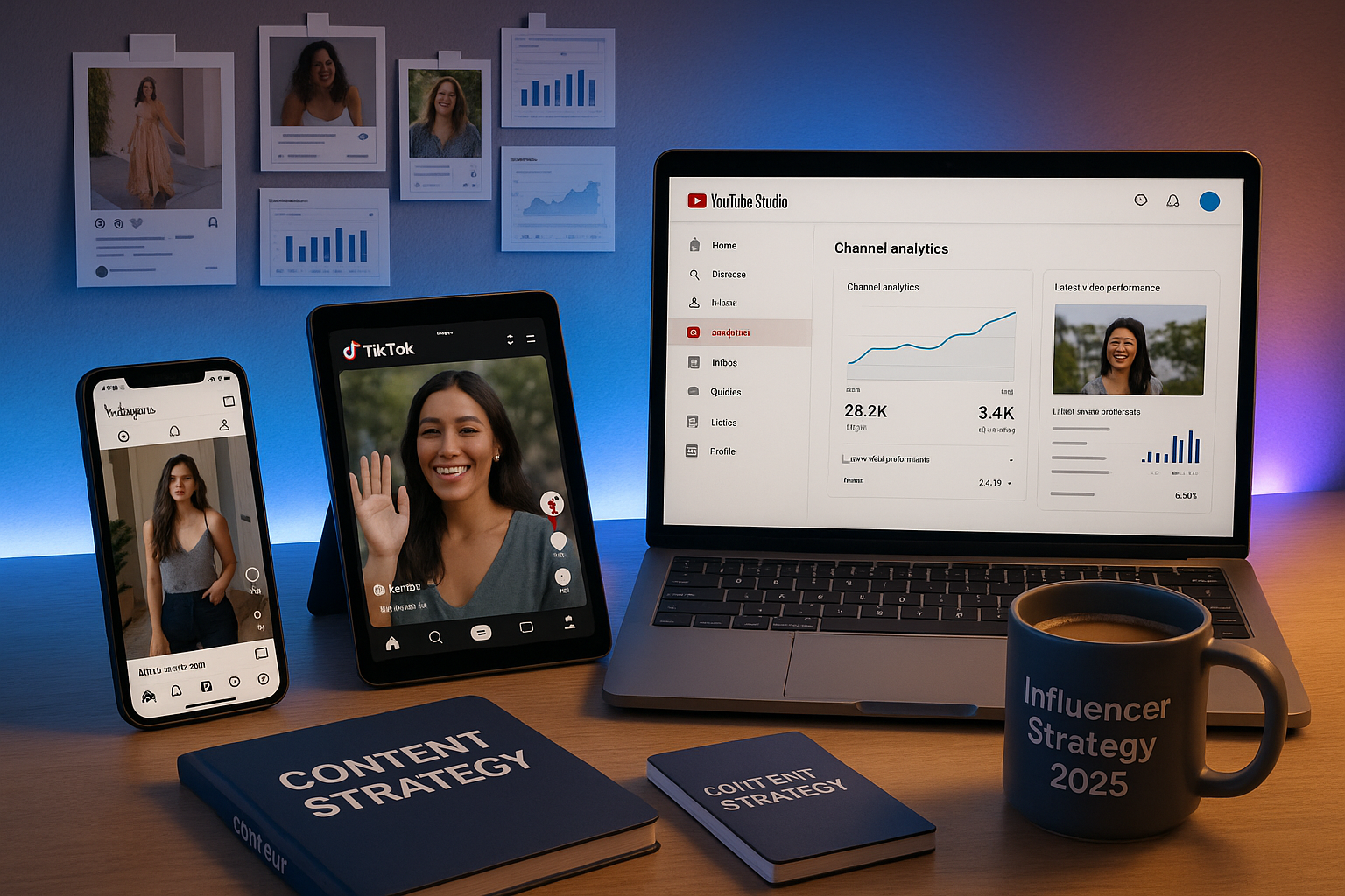 Workspace with influencer marketing dashboards, content plans, and digital platforms open, representing strategy for fragmented, news-averse audiences.