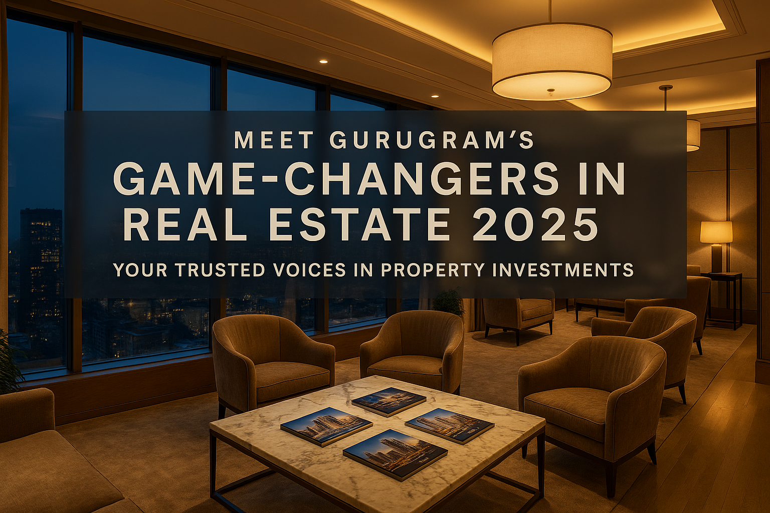 Luxury real estate lounge interior in Gurugram overlooking cityscape.