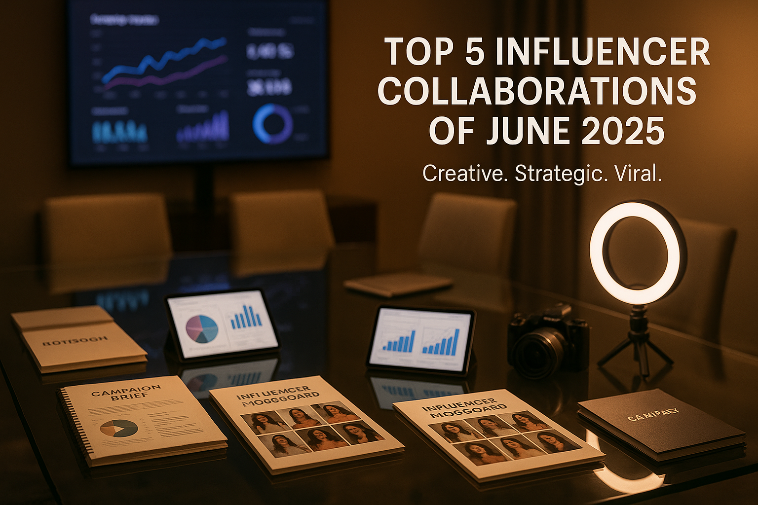 Modern marketing boardroom setup with space for campaign title overlay