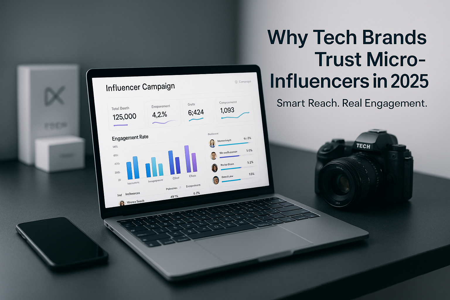 Modern tech workspace with influencer campaign setup and overlay space for title