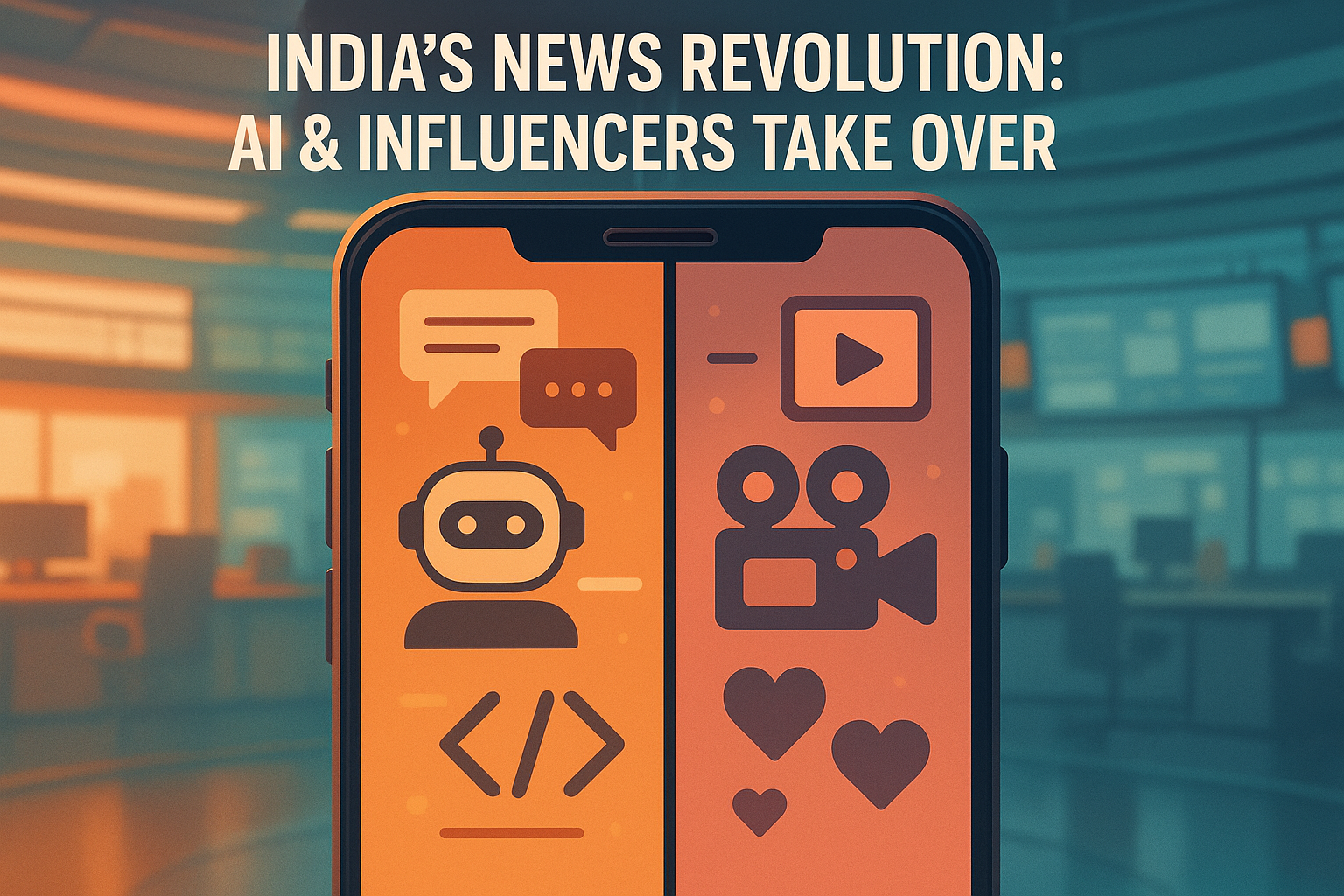 Illustration showing AI tools and influencers reshaping how Indians consume news digitally.