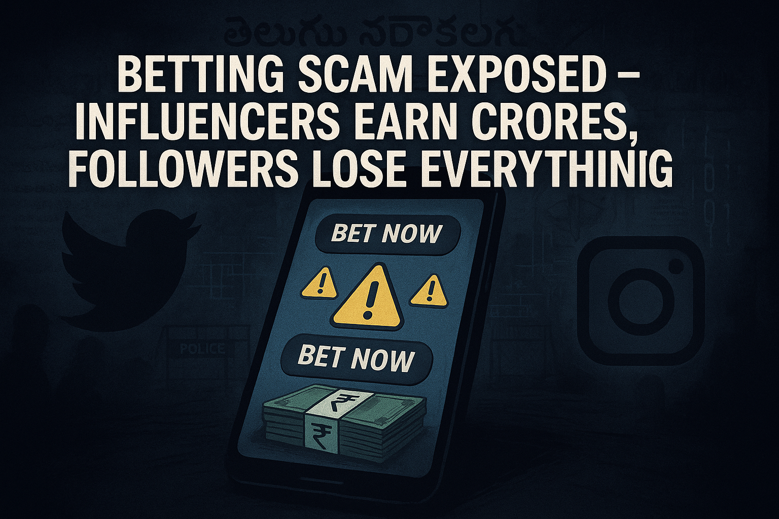 Illustration depicting online betting scams linked to Telugu influencers, with digital fraud and police crackdown symbols.