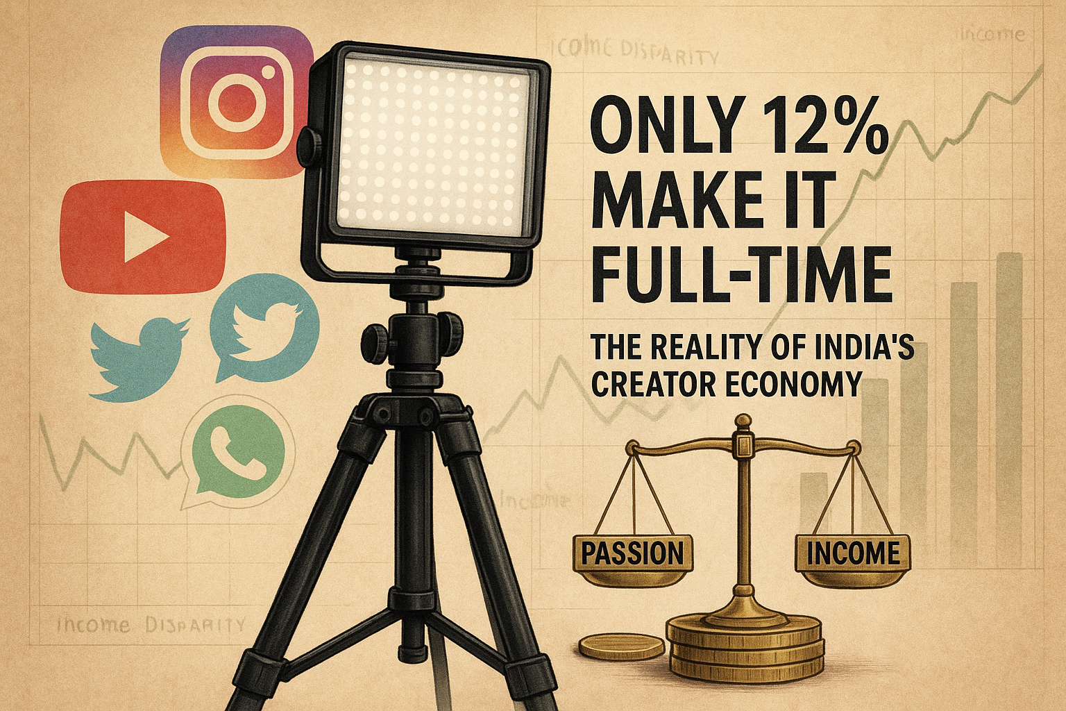 Illustration of an Indian digital creator managing content with minimal income, surrounded by social media icons and financial disparity visuals.