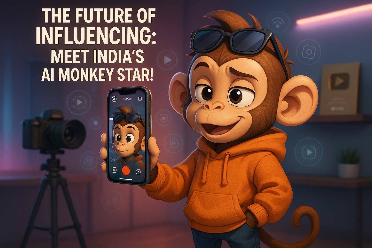 Stylish AI-generated monkey vlogger holding a phone mid-recording in a luxury studio setup with vibrant lights and influencer gear.