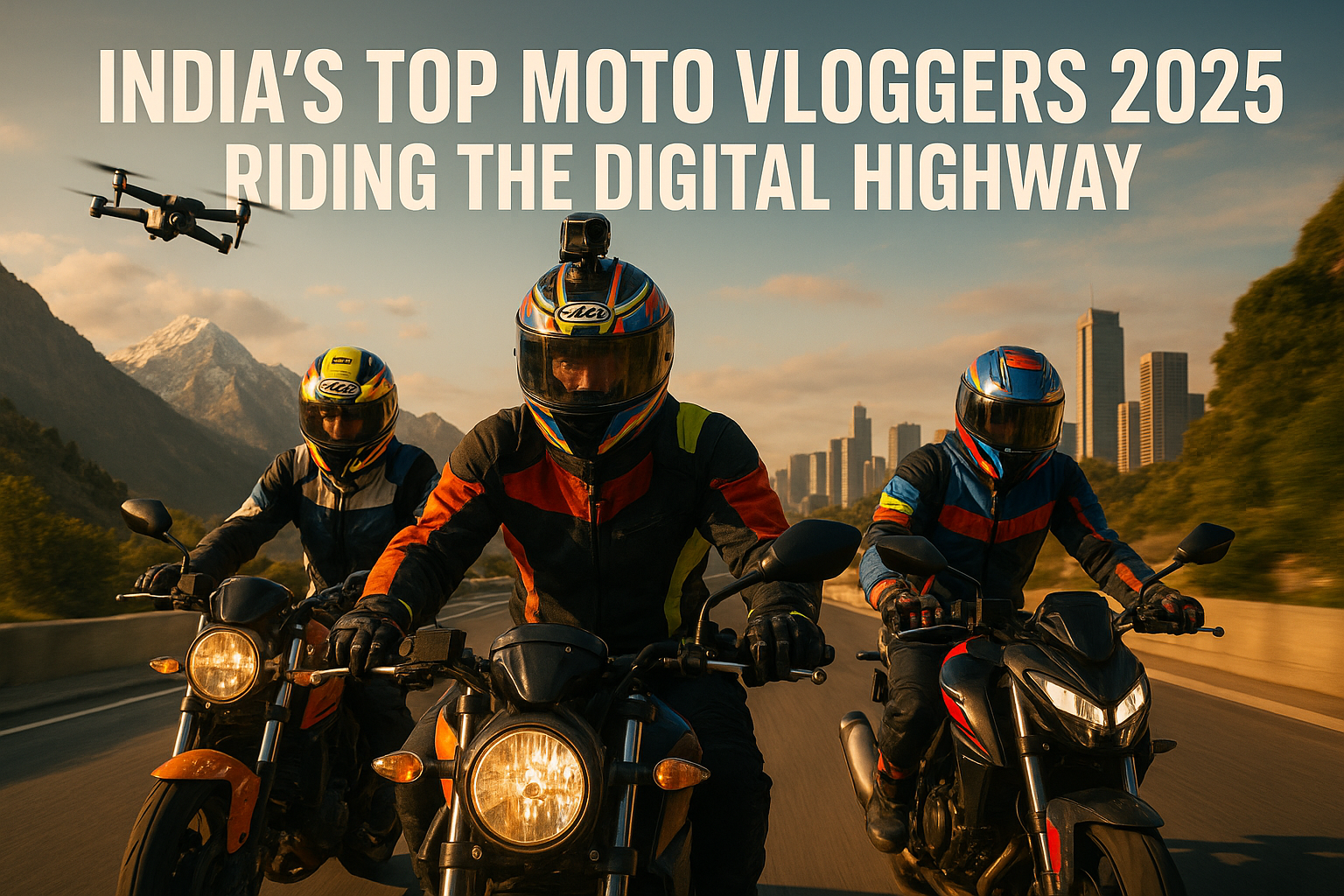 A group of Indian moto vloggers riding through scenic terrain and city highways with cameras and gear, symbolizing adventure and content creation in 2025.