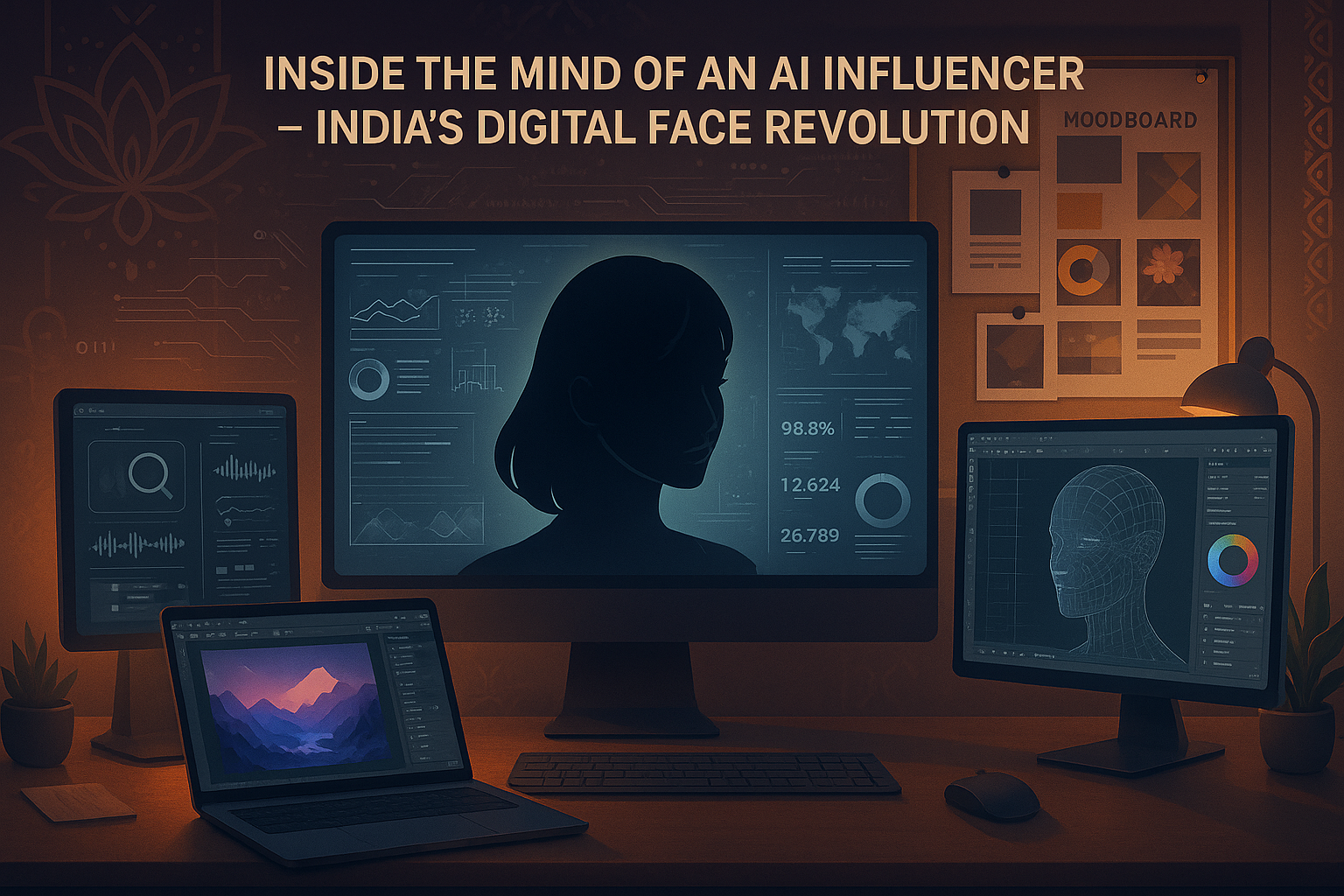 A tech setup showing the creation process of an AI influencer with virtual design tools and digital character modeling in an Indian creative studio.
