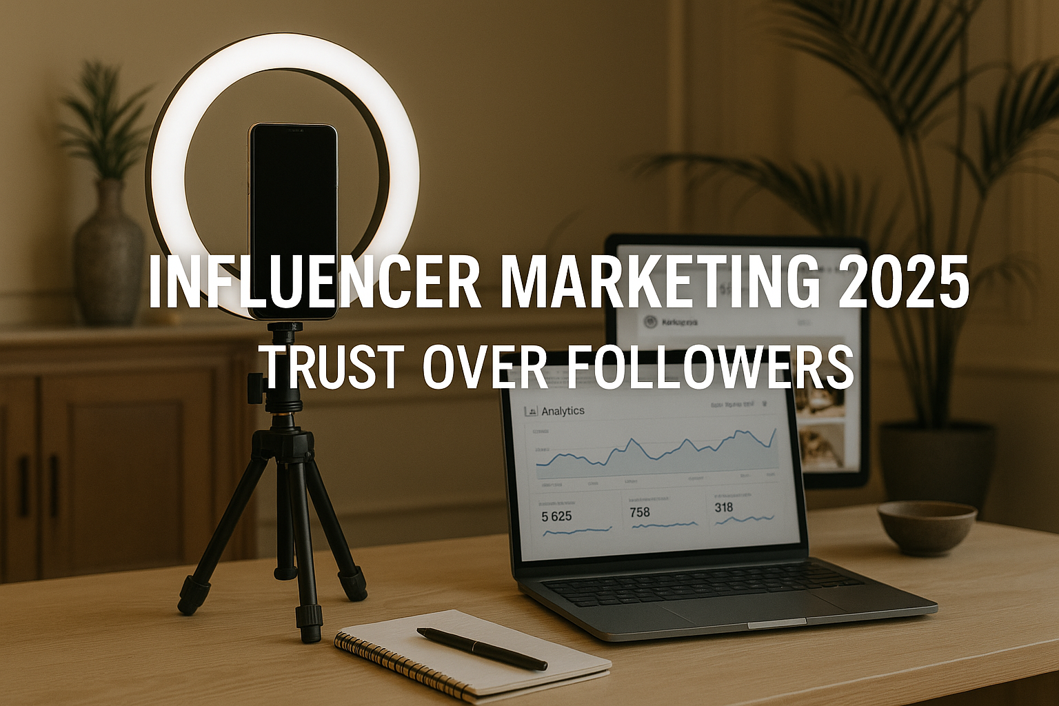 Influencer workspace with phone on tripod, ring light, analytics dashboard, and text "Influencer Marketing 2025 - Trust Over Followers"