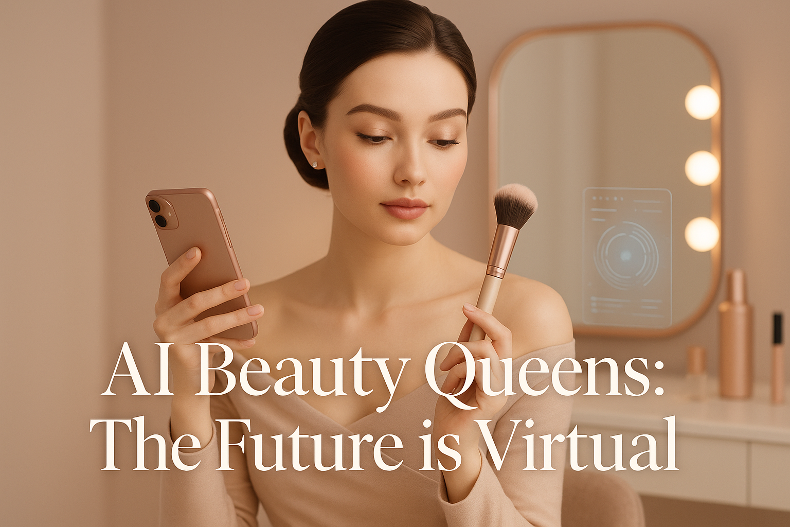 Luxurious AI beauty influencer in soft pastel setting, holding a phone and makeup brush, surrounded by elegant digital and cosmetic elements.