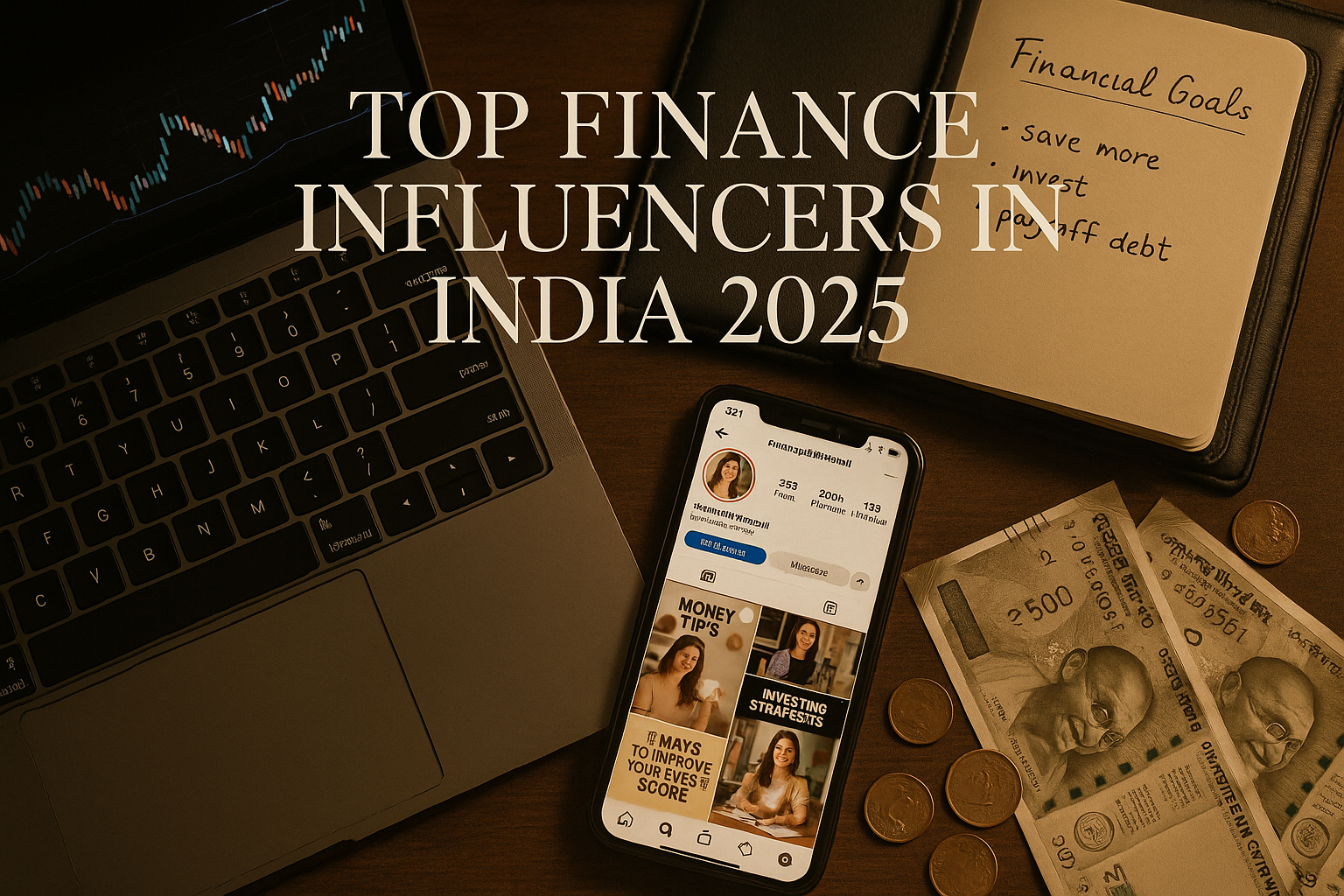 Workspace with phone, laptop, Indian currency, and text overlay “Top Finance Influencers in India 2025.”