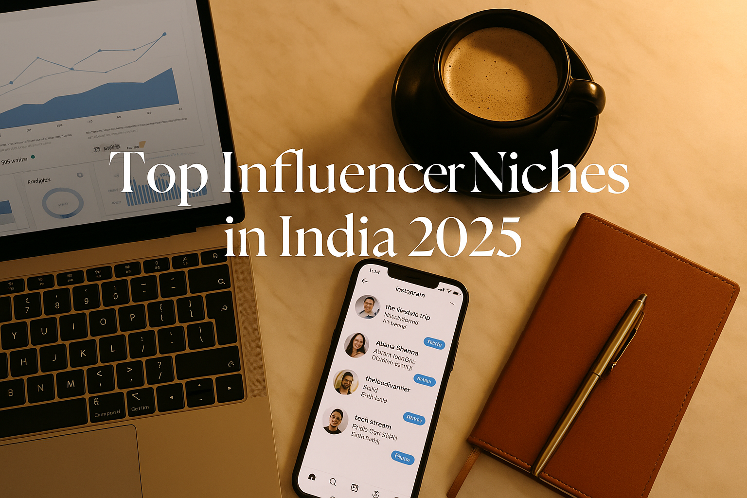 Flat lay with smartphone, laptop, and text “Top Influencer Niches in India 2025” on a luxury marble background.