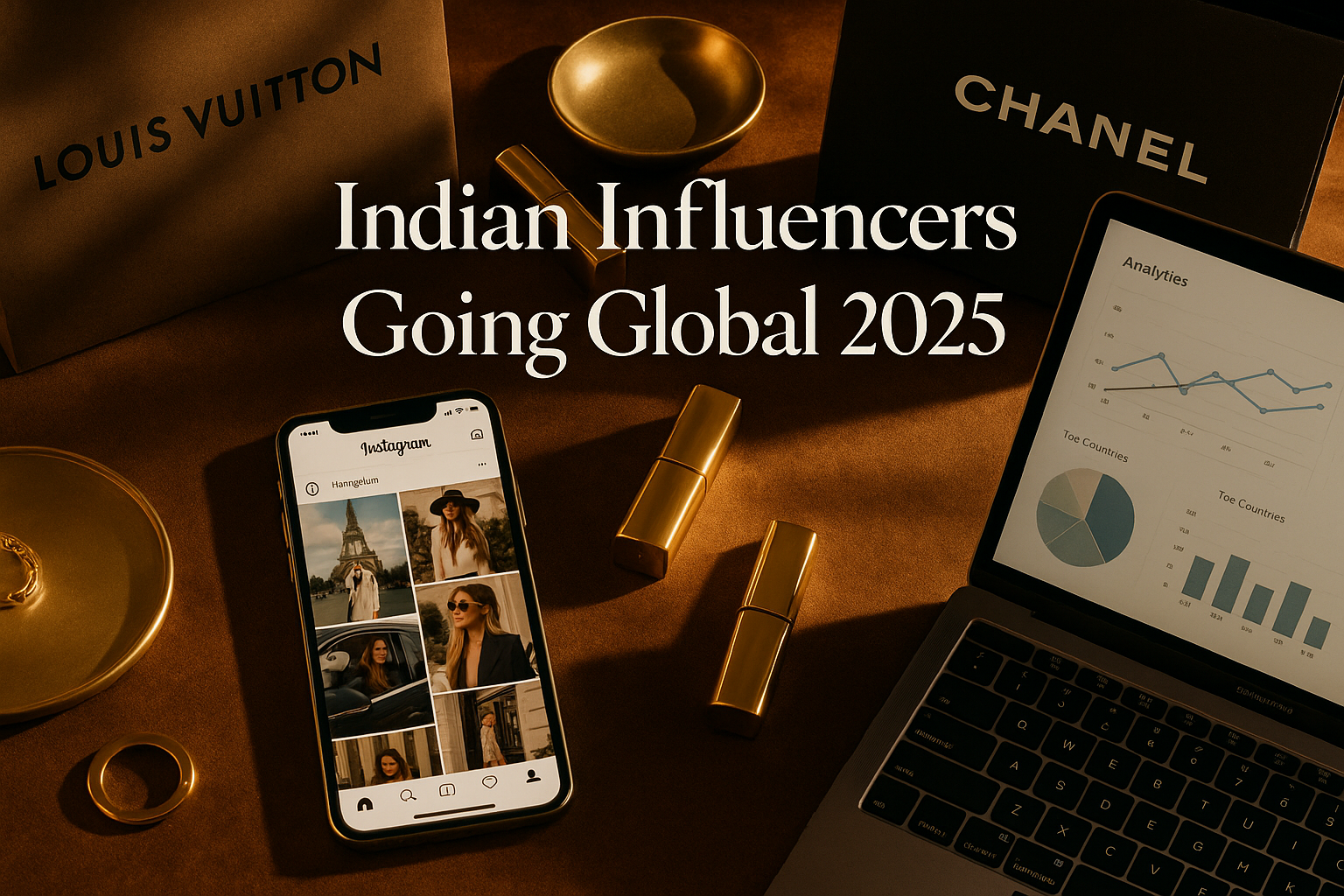 Flat lay of Instagram on smartphone and luxury items with text “Indian Influencers Going Global 2025”.