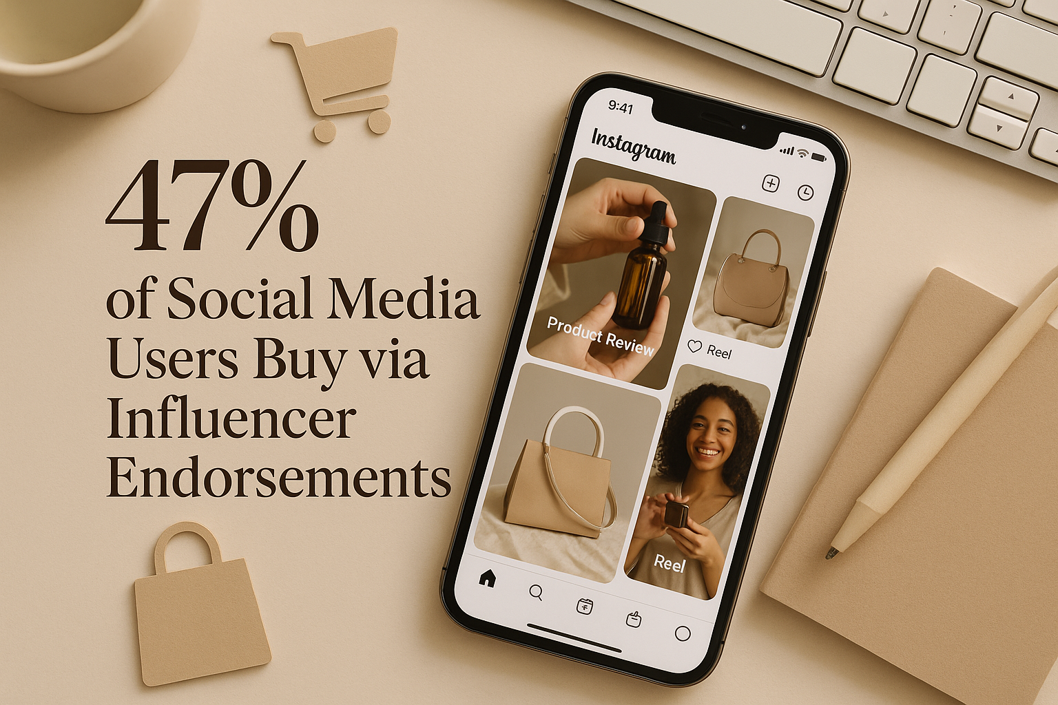 Smartphone displaying influencer posts and shopping icons with text “47% of Social Media Users Buy via Influencer Endorsements.”