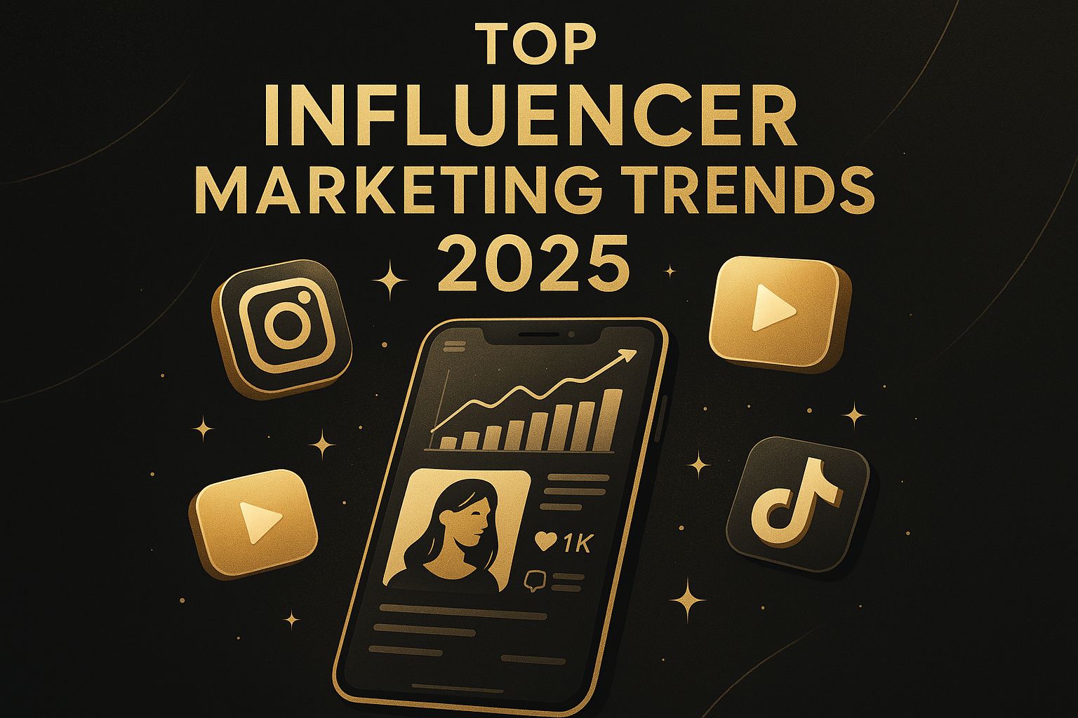 Digital illustration with social media icons and text “Top Influencer Marketing Trends 2025.”
