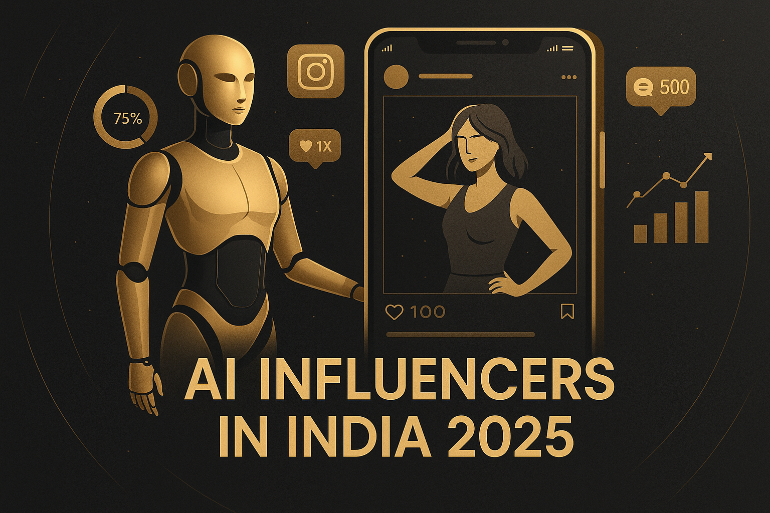 AI avatar with social media icons and text “AI Influencers in India 2025.”