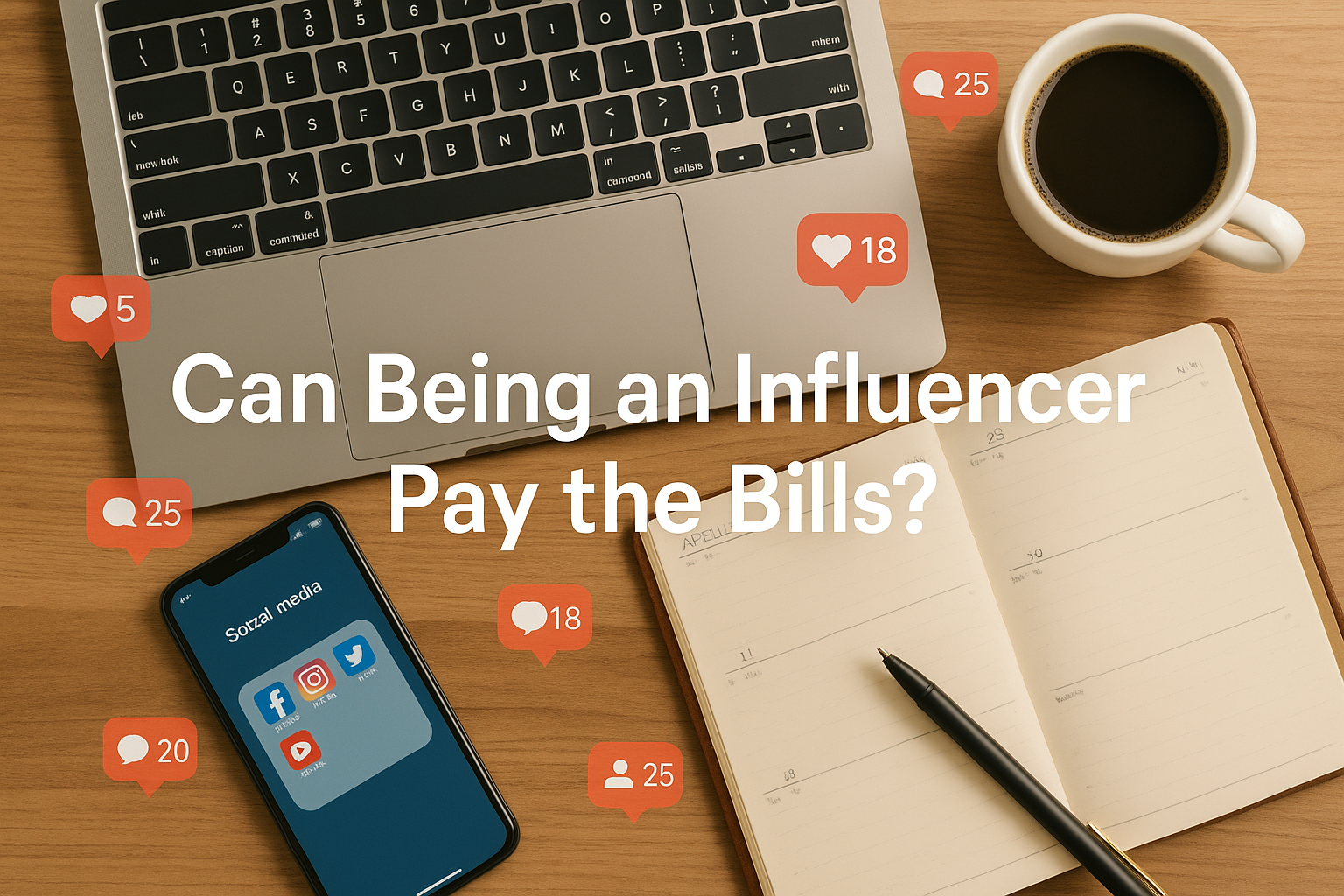 A modern desk setup with social media icons and text overlay asking if being an influencer can pay the bills.