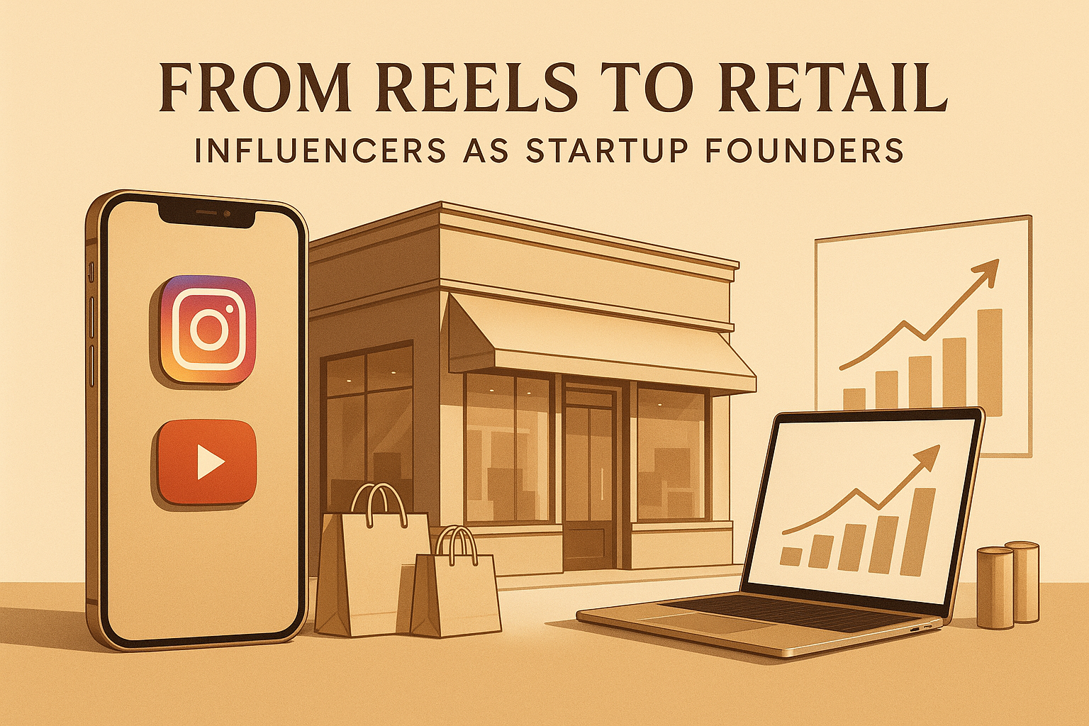 Illustration showing the journey of influencers from social media platforms to launching successful startups with a modern luxury vibe.