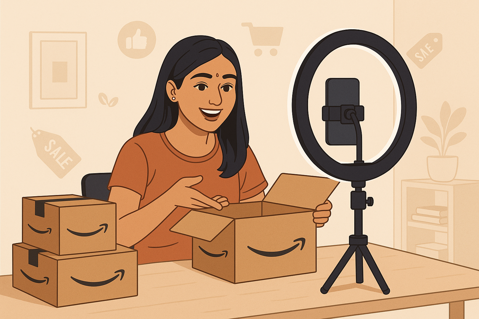 Indian influencer promoting Amazon Prime Day deals through a mobile video with shopping props and digital icons around.
