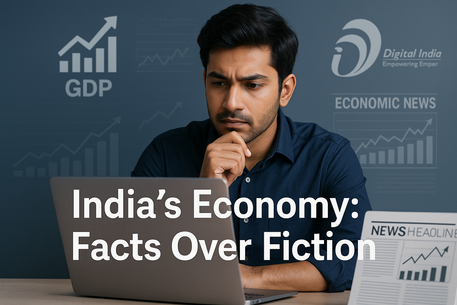 A young Indian analyzing economic data and news, with graphs and headlines representing India's economic growth in the background.