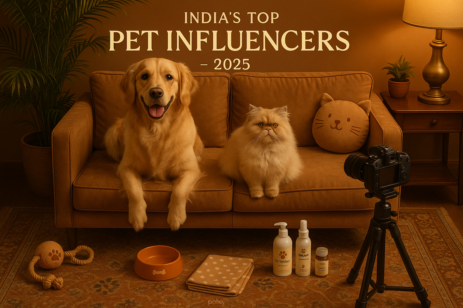 "Top Indian pet influencers golden retriever and fashionable cat posing like social media stars in a trendy setting"