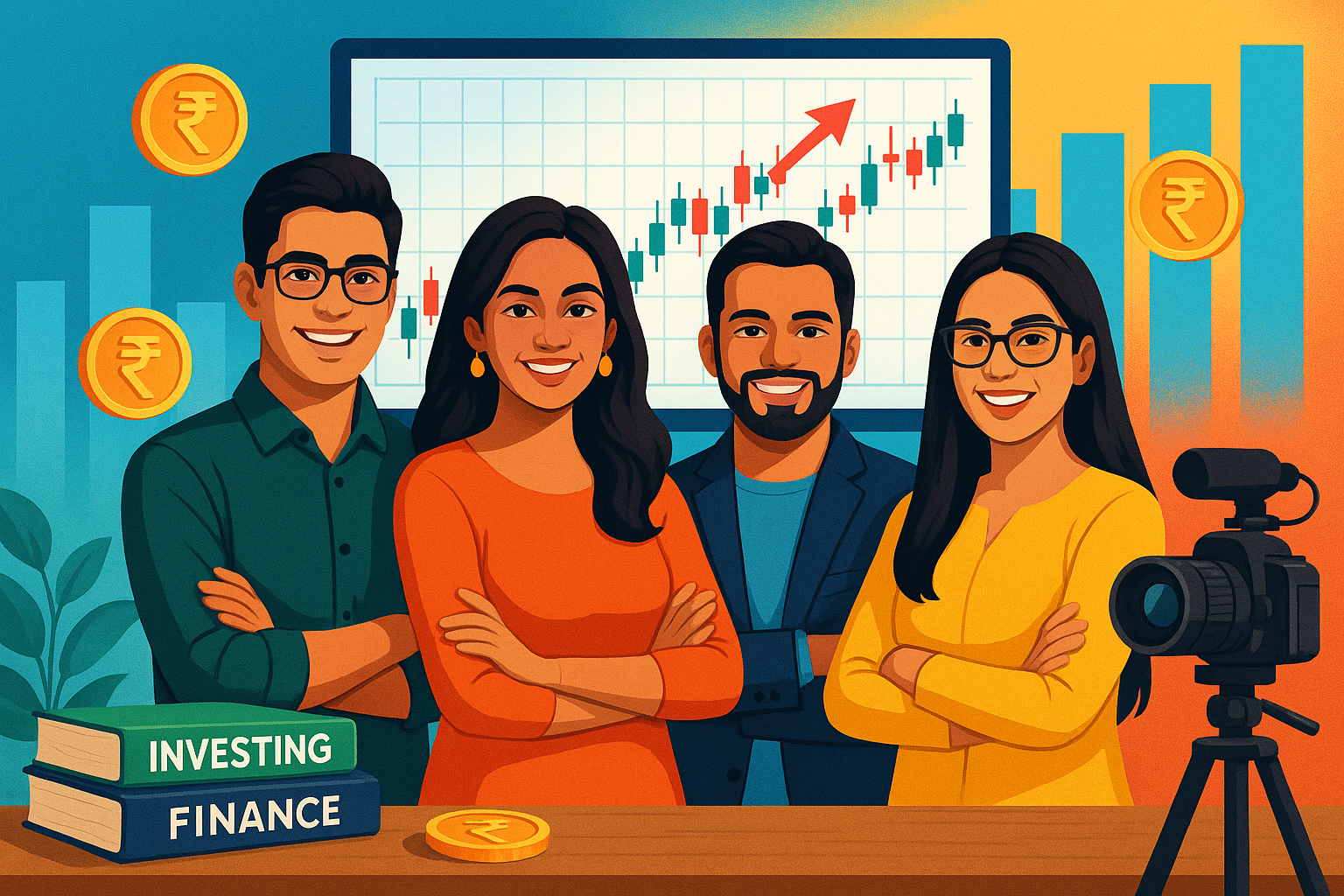 Group of India’s top financial influencers sharing money tips in a modern creative workspace.