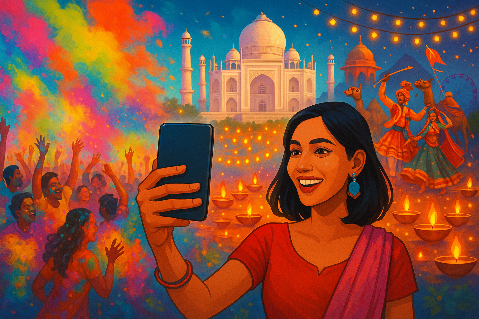 Indian travel influencer capturing vibrant Holi, Diwali, and Pushkar festival moments for social media.
