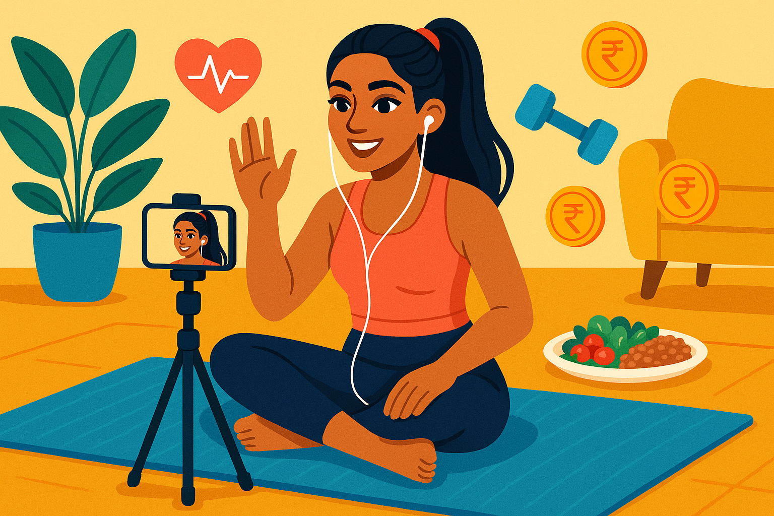 Indian fitness influencer creating wellness content with workout and healthy lifestyle elements.