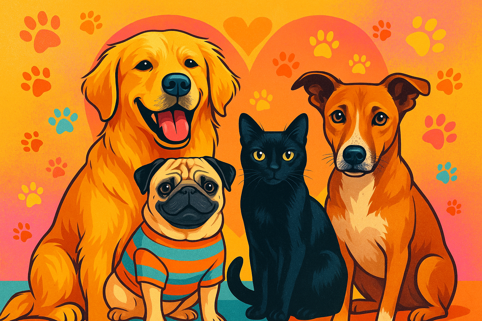 Best pet influencers in India including a pug, golden retriever, cat, and indie dog posing together, symbolizing cuteness, joy, and animal love.