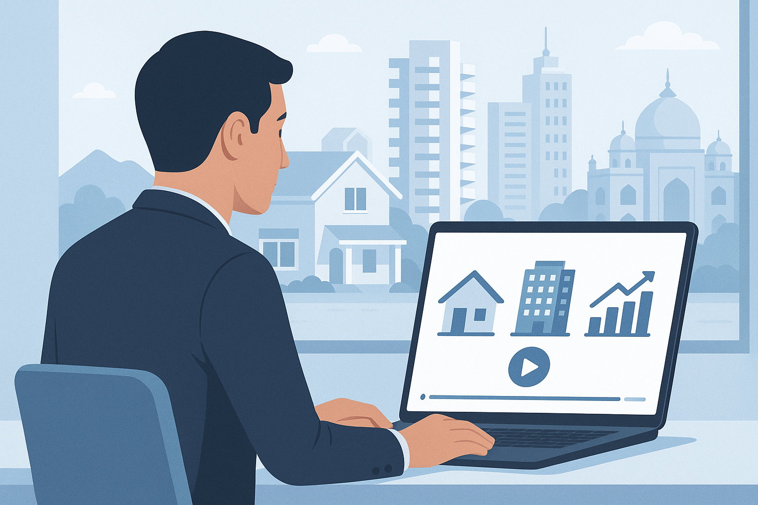 Person watching real estate explainer videos about property investment in India with houses and apartment icons on a laptop screen.