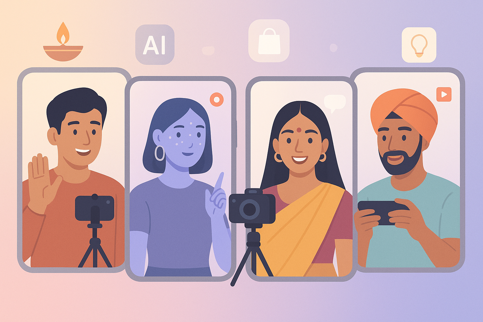 Illustration of Indian influencers creating digital content with AI and social commerce elements, symbolizing influencer marketing trends in India 2025.