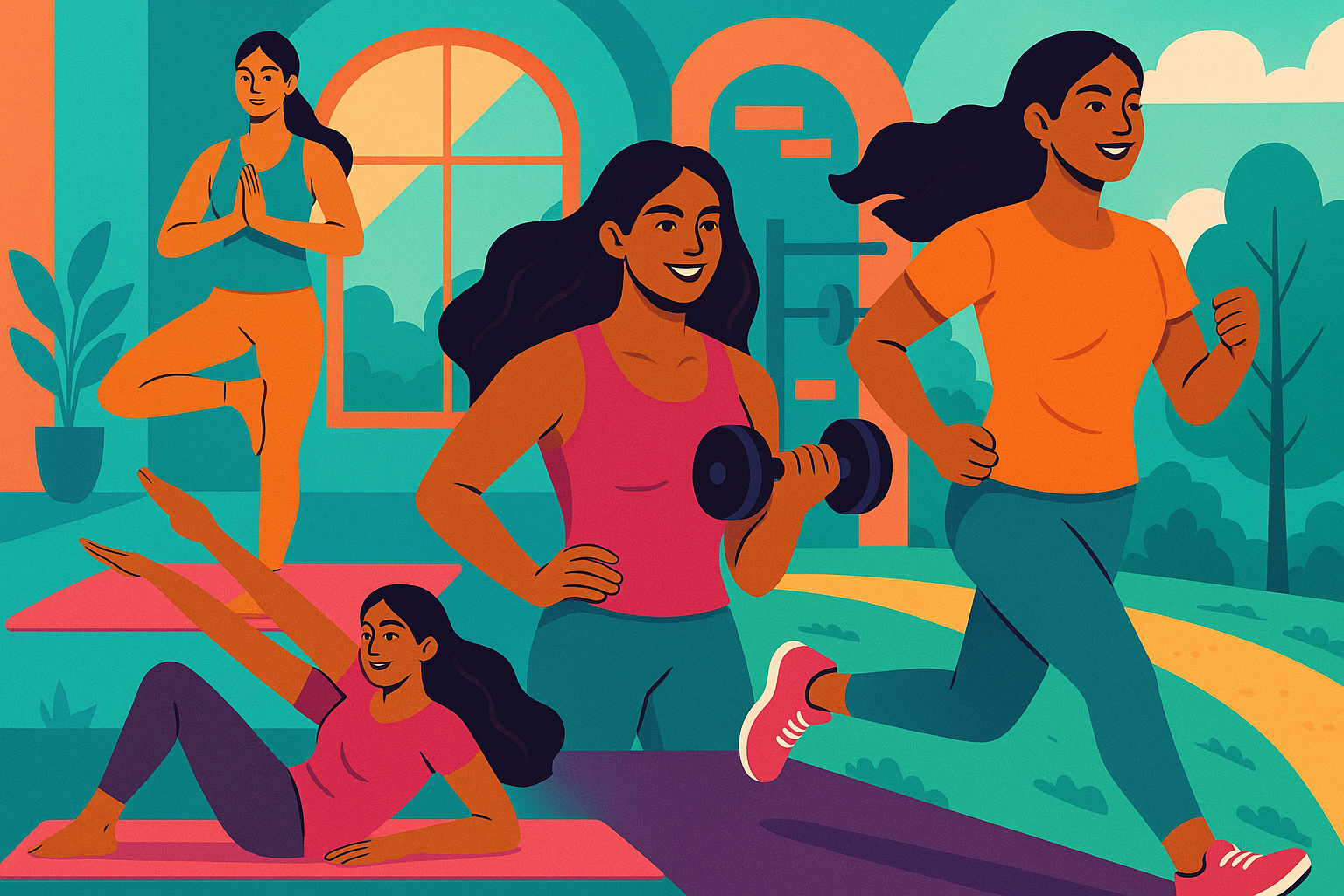 Diverse Indian female fitness influencers in 2025 showcasing yoga, strength training, and Pilates, symbolizing health and inspiration.