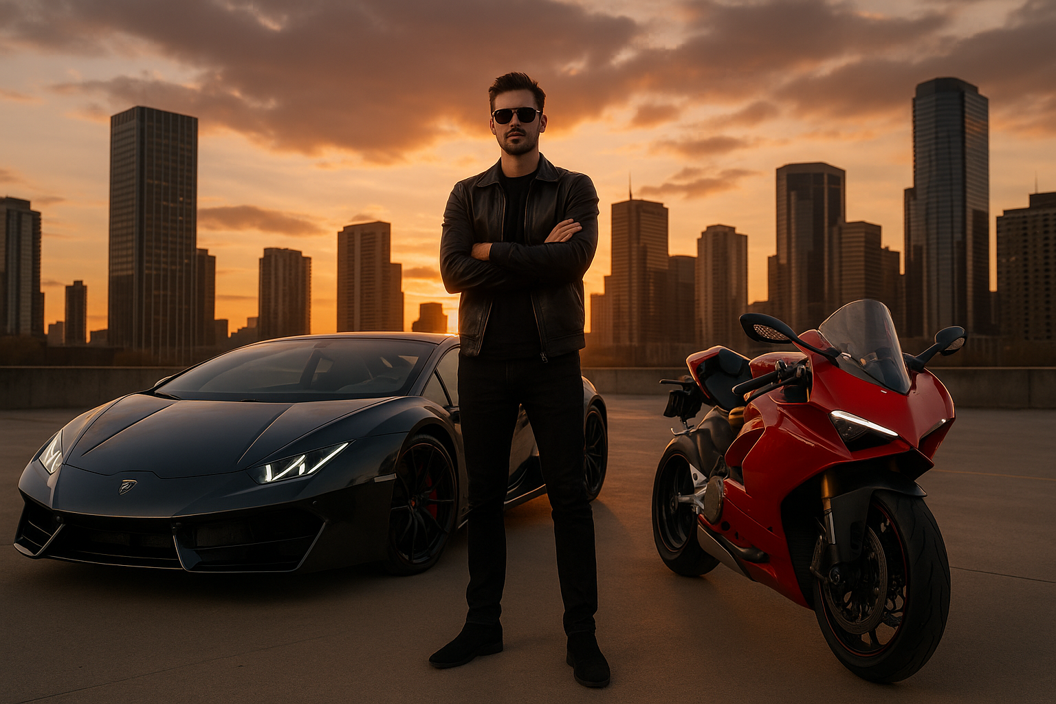Automobile influencer posing with a luxury car and superbike against a modern city skyline at sunset, exuding automotive passion and lifestyle appeal.