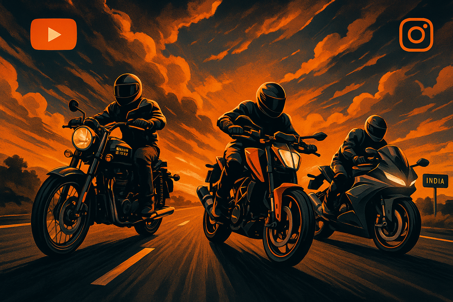 Top moto vloggers in India featuring motorcycles on an open highway with YouTube and Instagram icons representing biking creators.