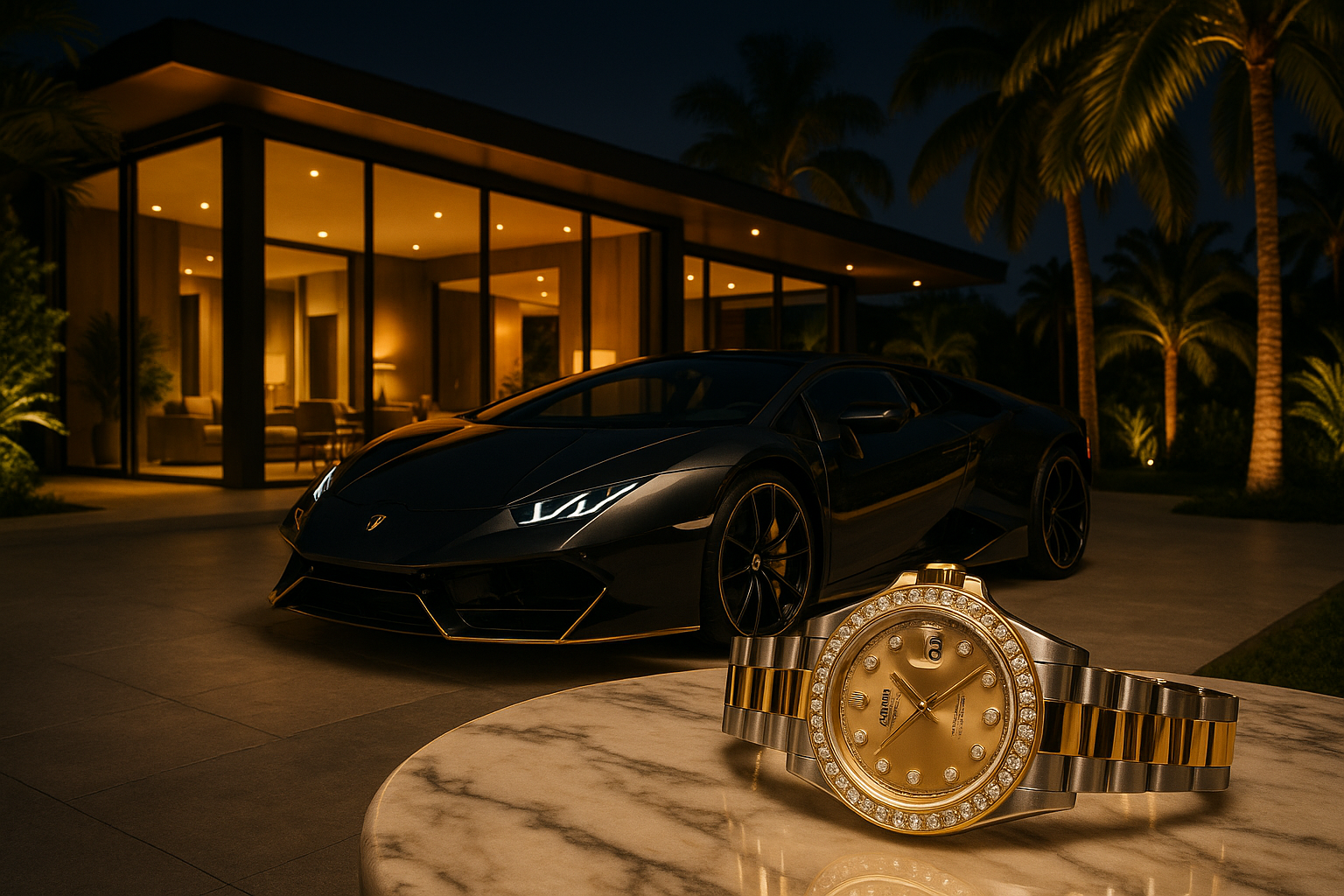 Luxury lifestyle in India with Lamborghini, Rolex watch, modern villa, and golden accents symbolizing wealth and sophistication.