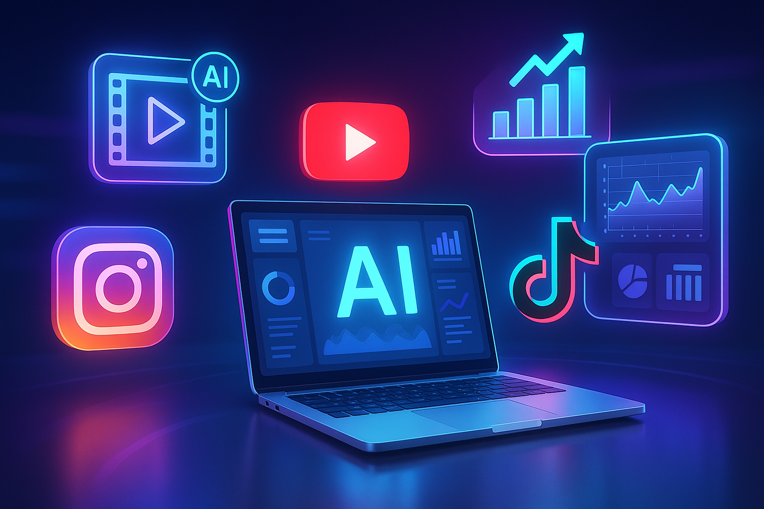 AI tools for influencers in 2025 with futuristic digital dashboards, holographic social media icons, and glowing technology elements.