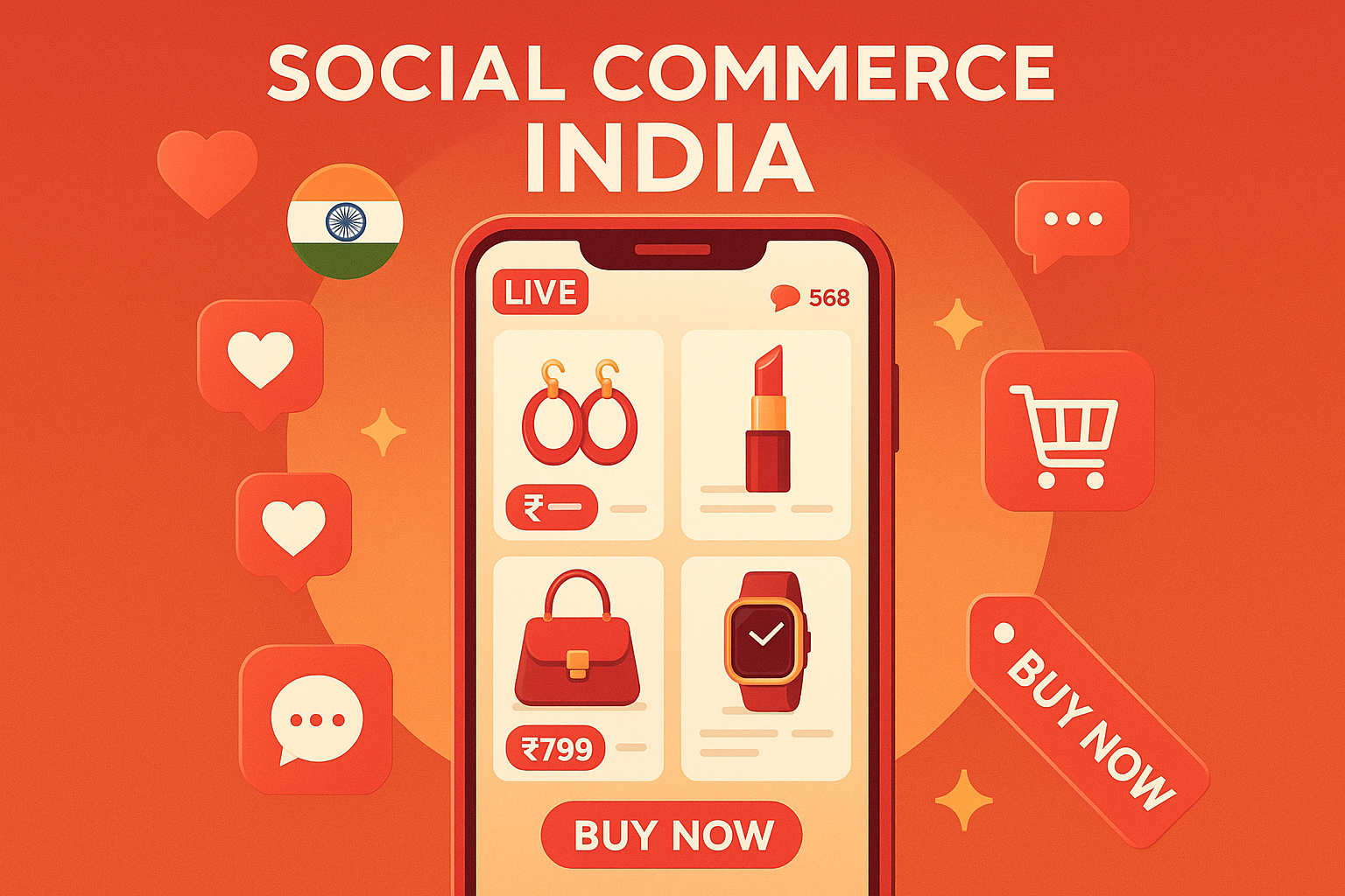 Social commerce and live shopping in India with influencers driving digital retail through smartphones and interactive shopping icons.