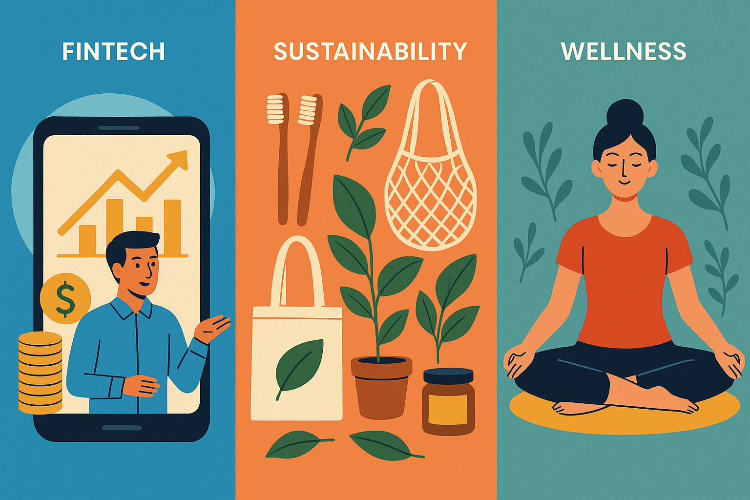 Illustration of fintech, sustainable living, and wellness influencers representing emerging niches in Indian influencer marketing.