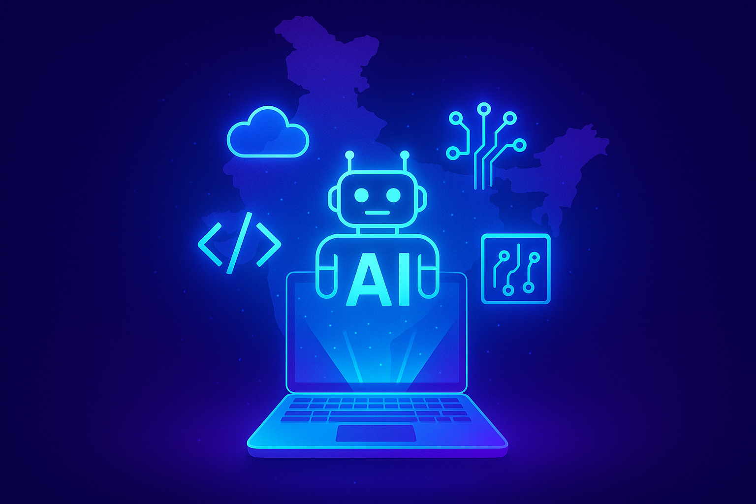Digital artwork of AI and tech education in India with holograms of coding, robots, and cloud icons over a glowing laptop and map of India.