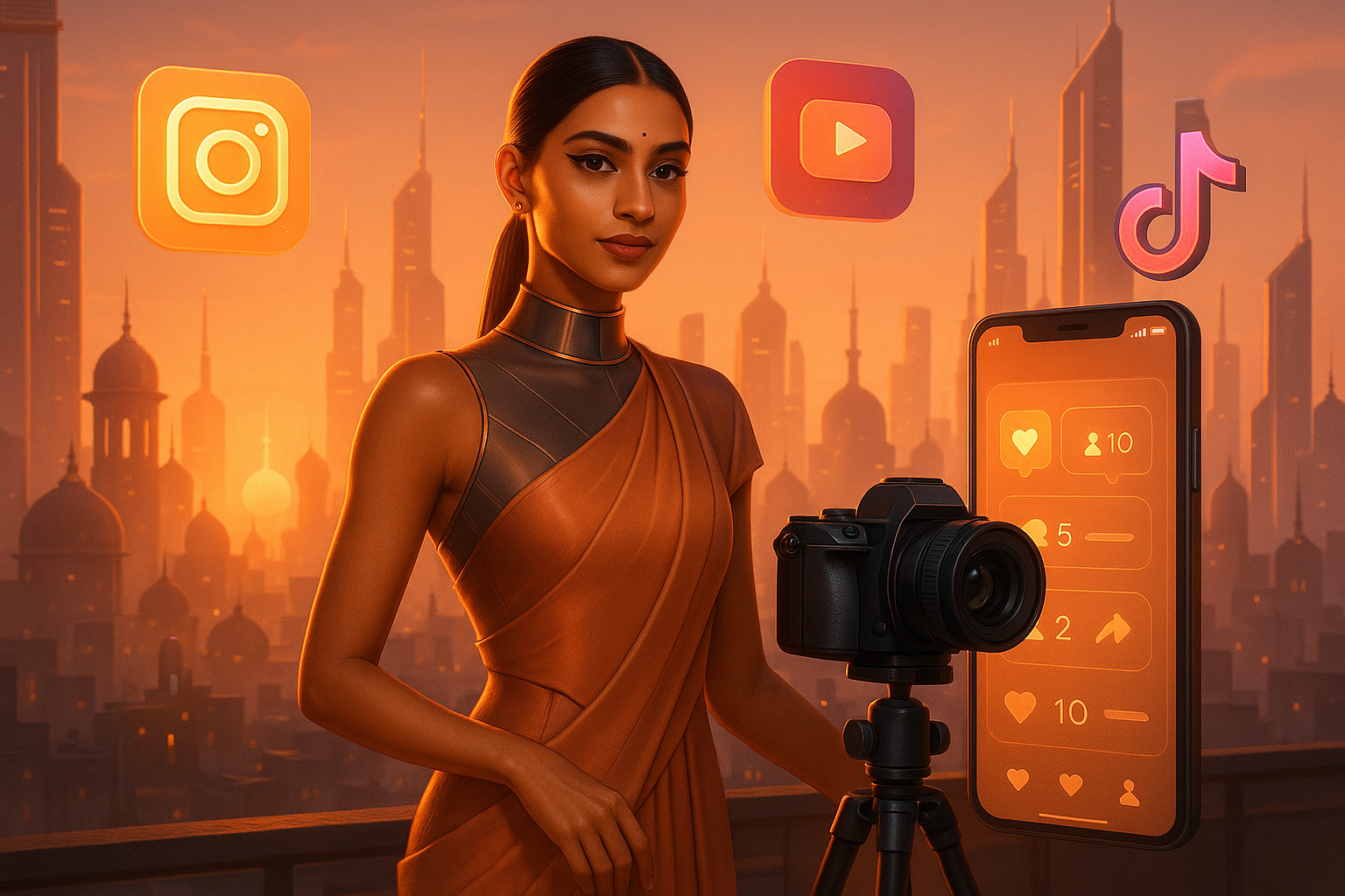 Illustration of an AI-generated virtual influencer with social media icons, symbolizing the rise of virtual influencers in India.