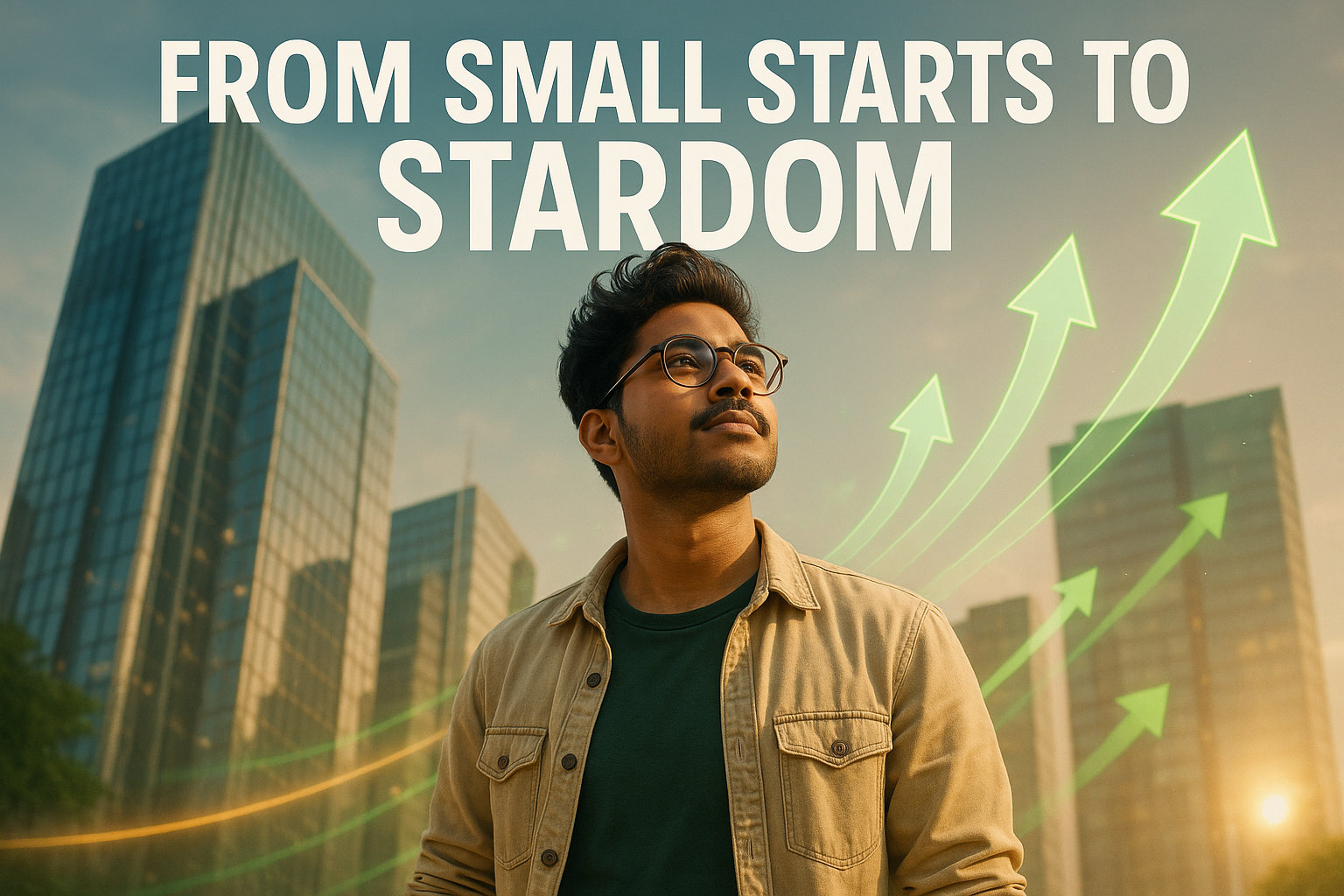 Inspiring photo of an Indian influencer with skyscrapers and growth elements in the background, caption From Small Starts to Stardom.